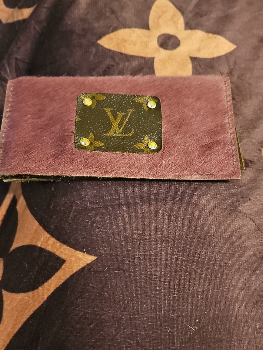 Upcycled Real Leather Mauve Haircalf Monogram Card Holder with Gold Plaque